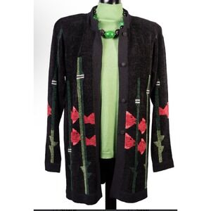 Vintage  Nancy Jemio Fish And Bamboo Print Black Cardigan Size Large(estimated)